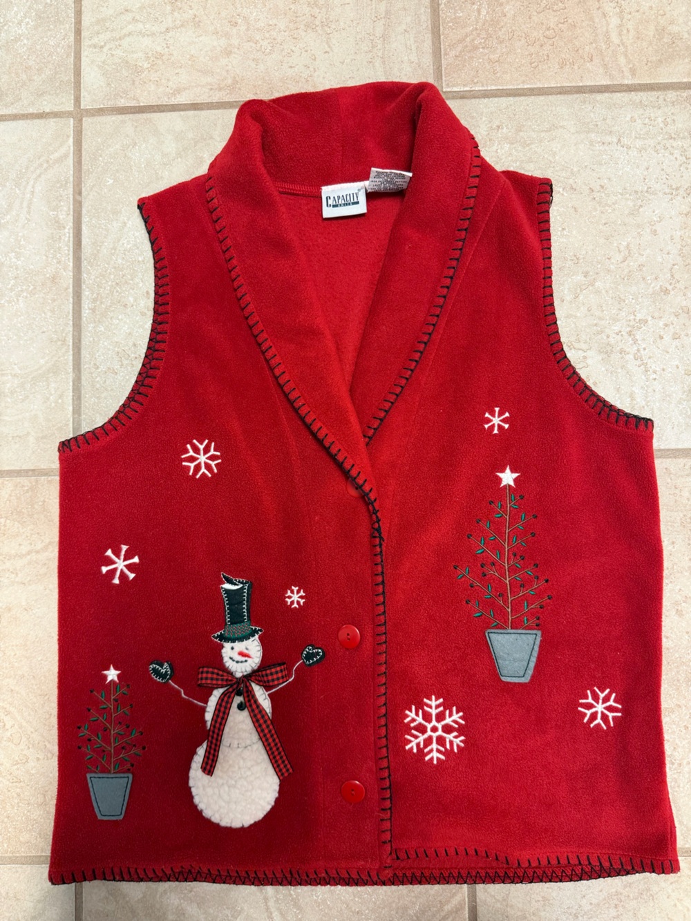 Capacity Knits Red Fleece Vest Snowman Snowflakes Size Small
